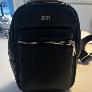 DKNY Men's Black Backpack with Silver Accents